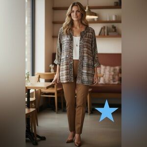 Laura Ashley Woman 100% Silk Mixed Animal Print Cardigan Top Plus 2X 16 18 Brown